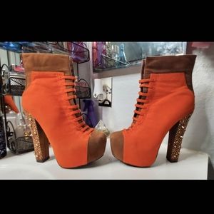Liliana Orange Brown Spike Platform Block Heel Boots